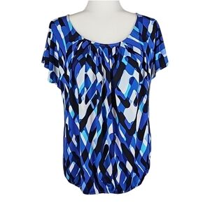 Blue Pattern Short Sleeve Blouse, L
